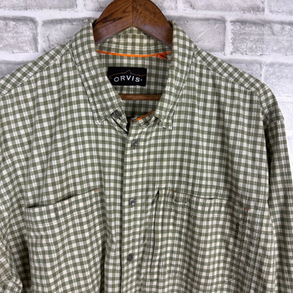 Orvis Mens XL Green Gingham Plaid Long Sleeve Button Down Shirt Stretch Cotton